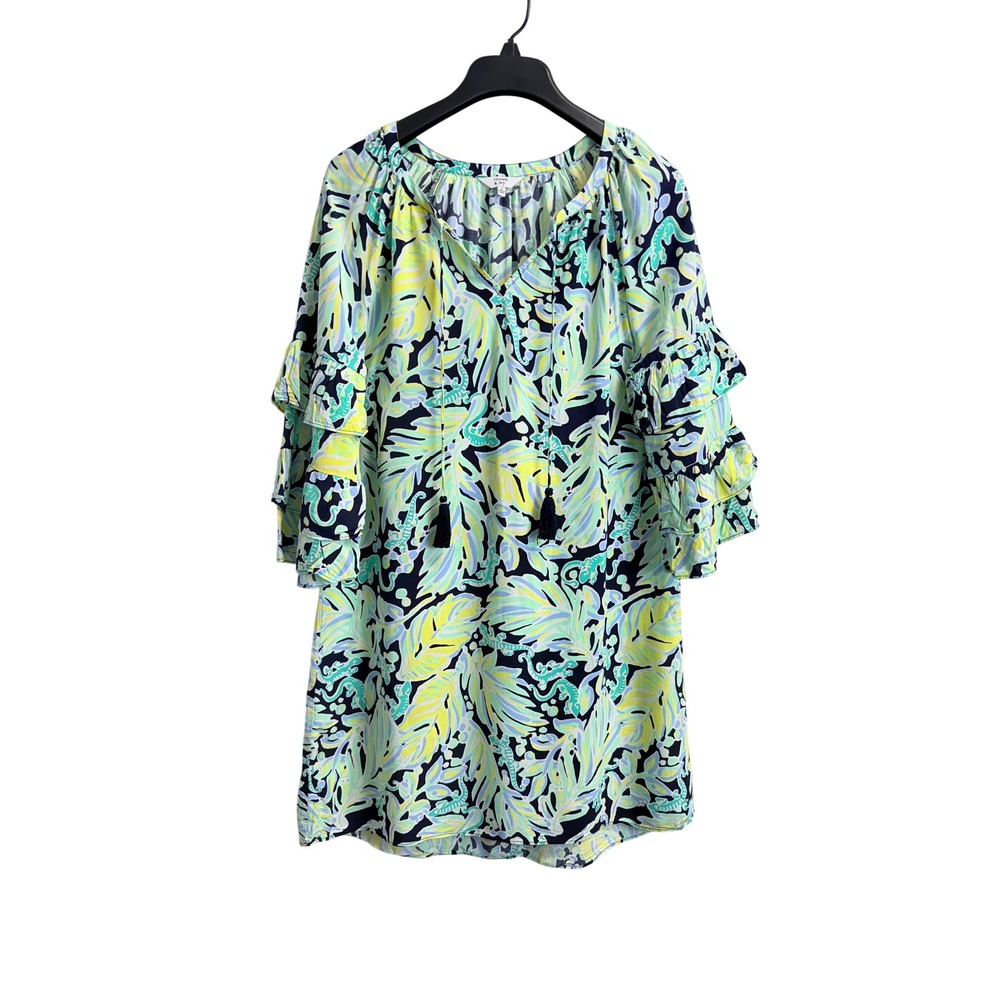 Crown & Ivy Tropical Print Ruffle Sleeve Shift Dress Women's M Tassel Neck